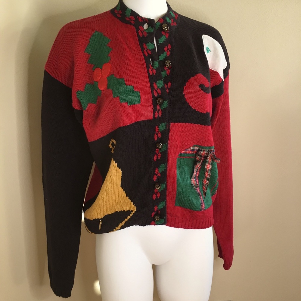 Vintage Ali Miles Ugly Christmas Sweater Bells for bottoms Medium Bell Holly